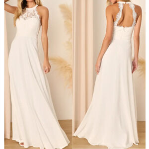 LULU'S SZ S White Dance All Evening Halter Lace Bridal Formal Maxi Dress NWT 0b6